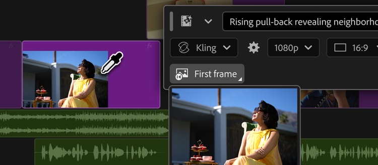 Adobe product artwork showing a reference frame of a woman in yellow, a model selector and an editing timeline