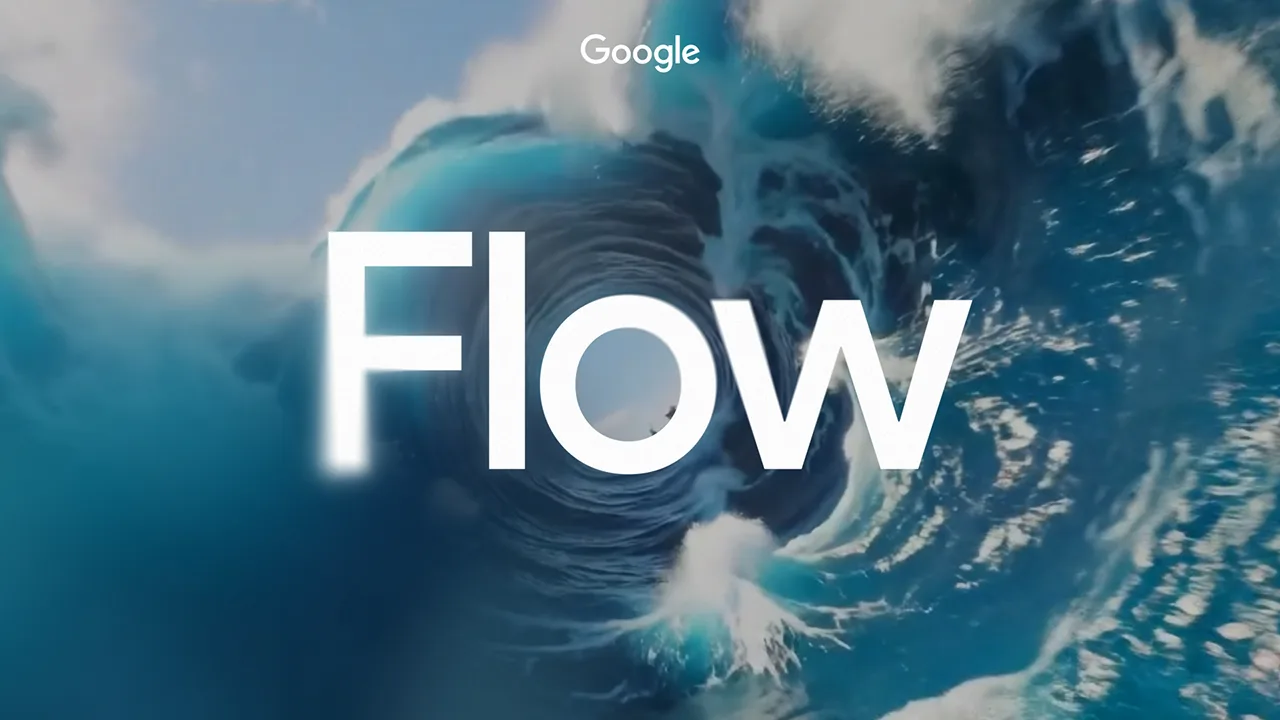 Google Flow launch artwork over a cinematic ocean wave
