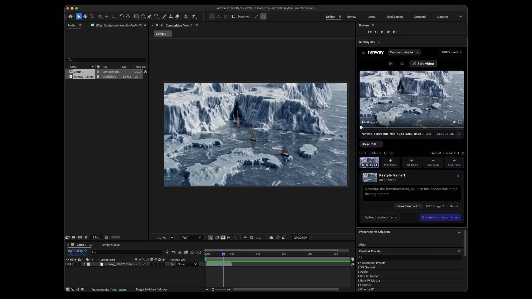 Runway’s official image of its panel docked inside Adobe After Effects beside a timeline