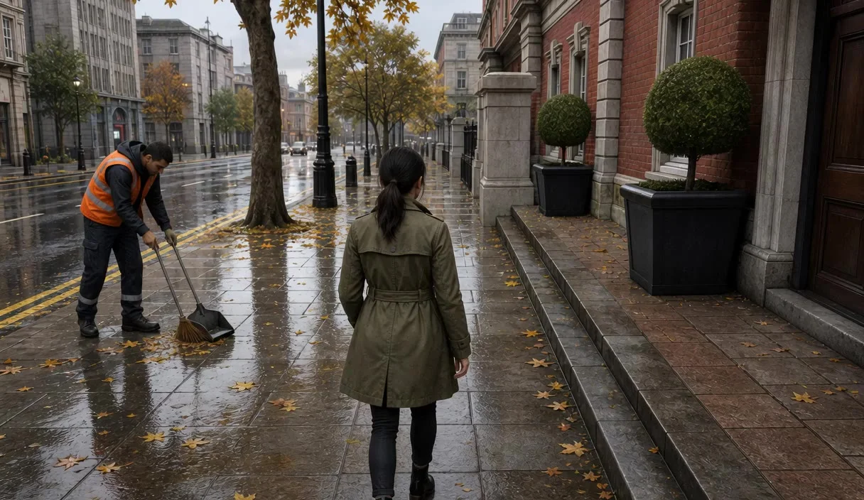 Runway research example showing a street sweeper and a woman in a green coat on a wet pavement