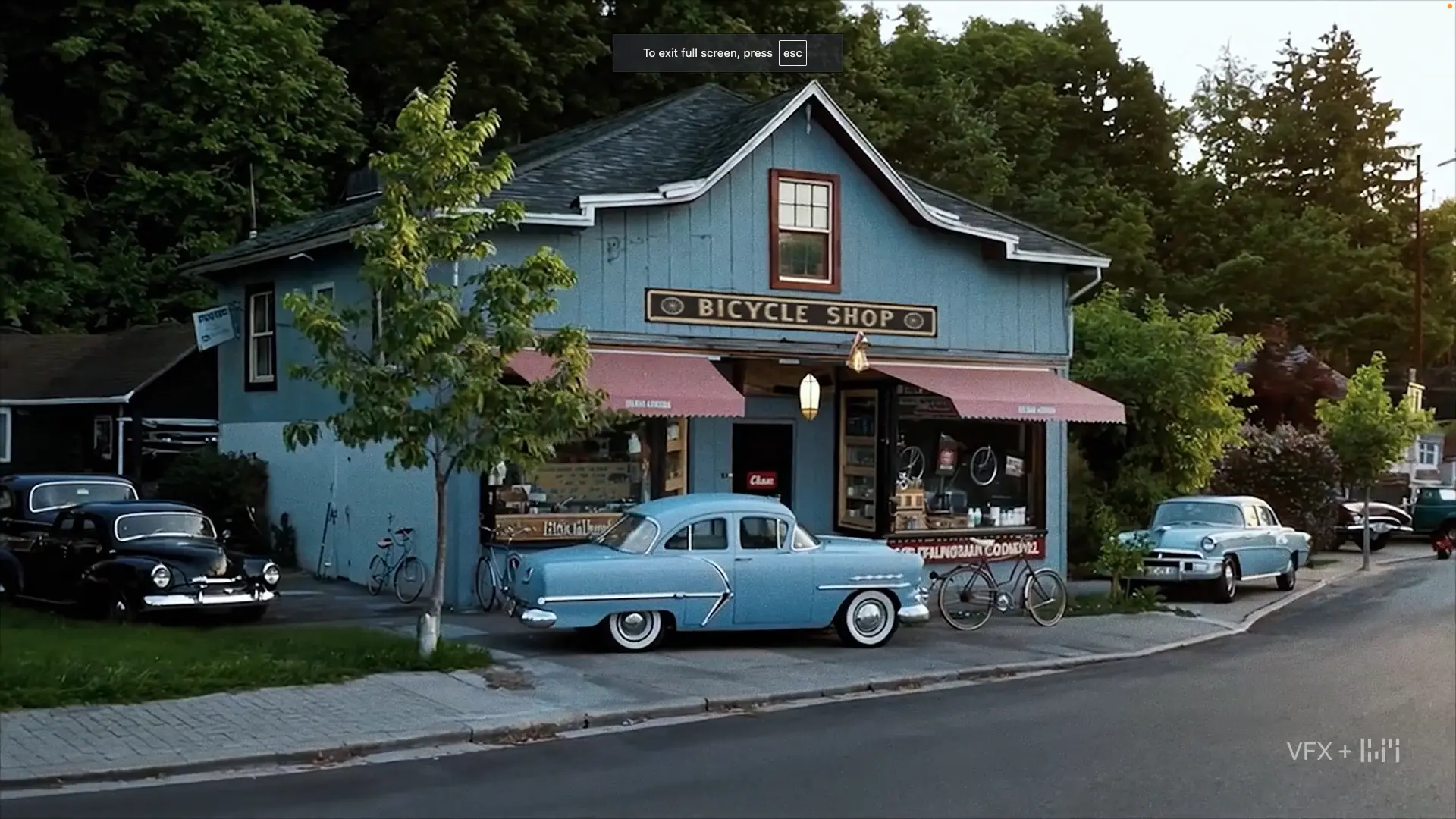 A period bicycle shop exterior, cars and storefront details in the agency's original film capture
